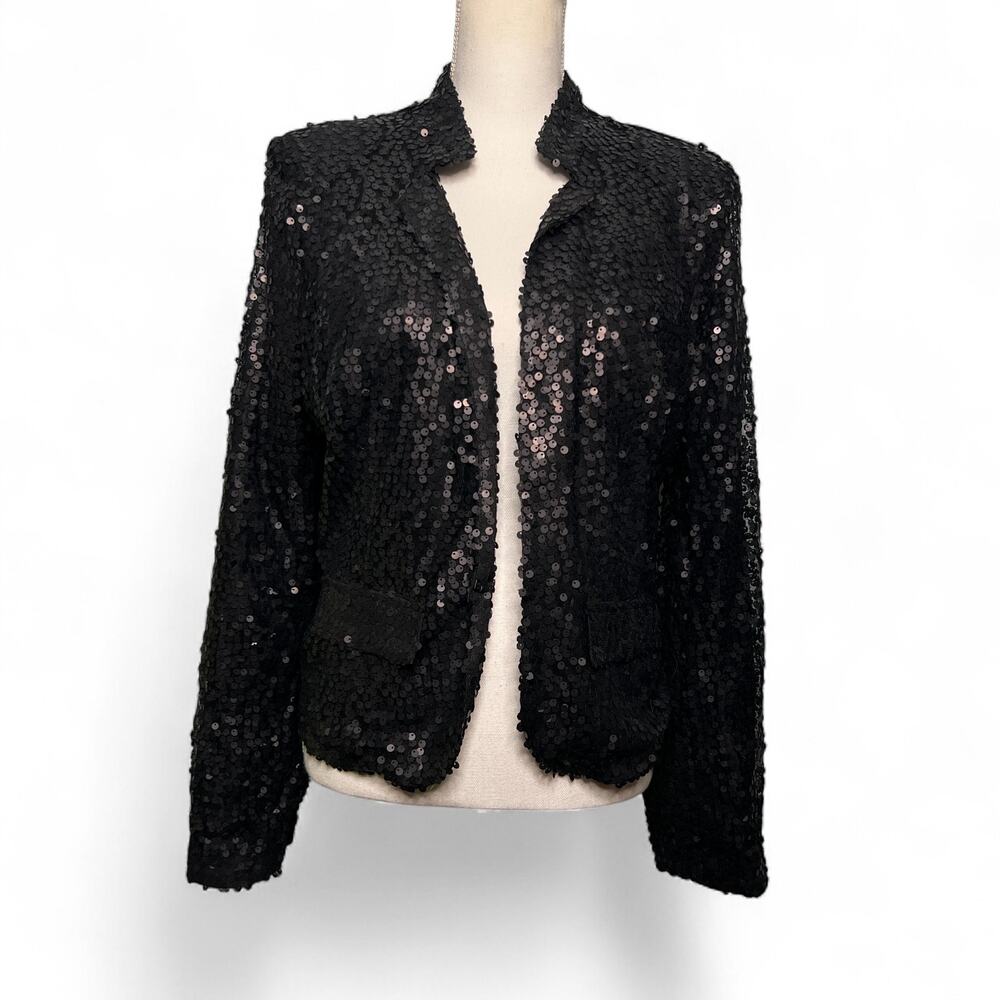 Cherish Size Large Black Sequin Evening Blazer Jacket Open Front Fully Lined